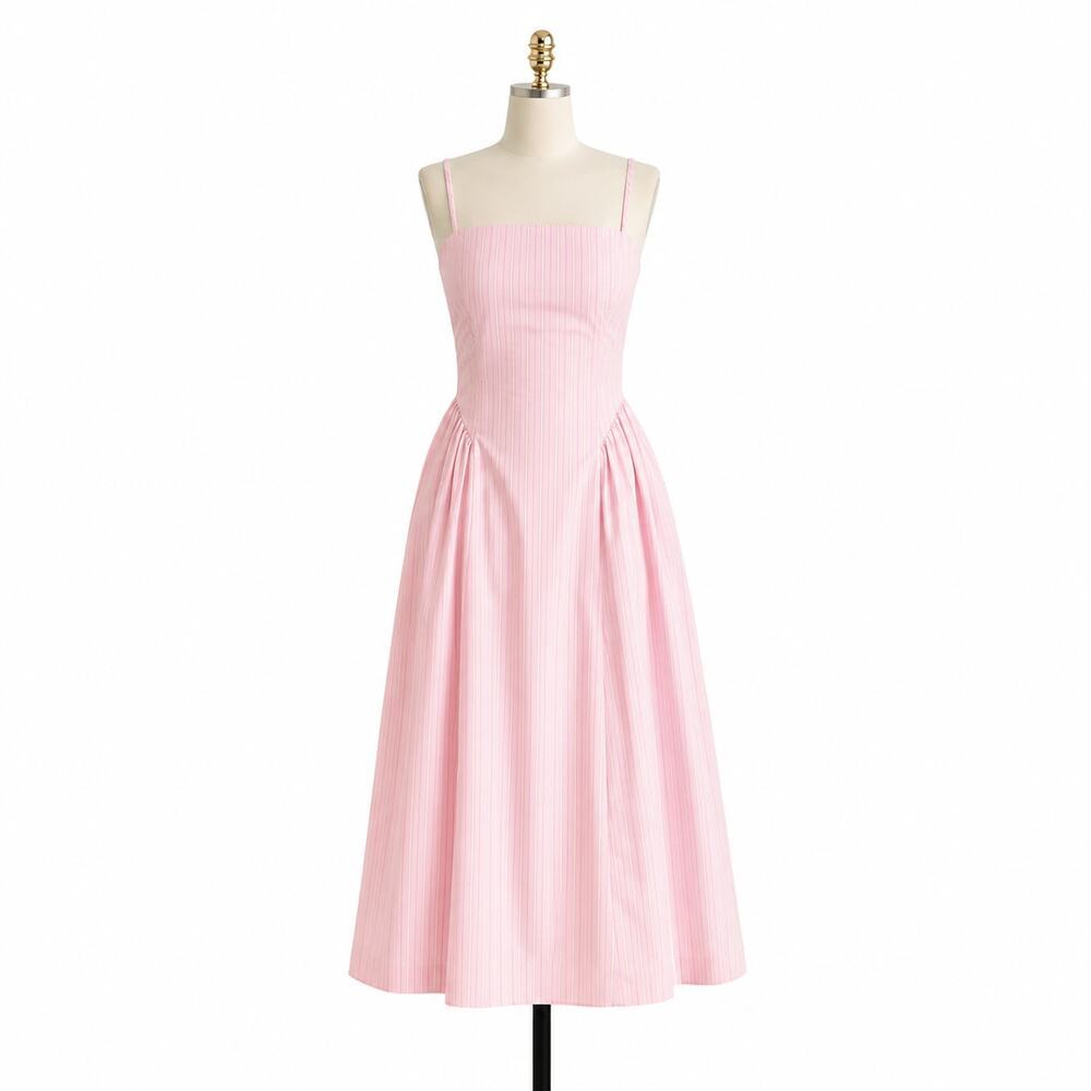 Anthropologie Maeve Pink Pinstripe Fitted A-Line Midi Dress Large NWOT